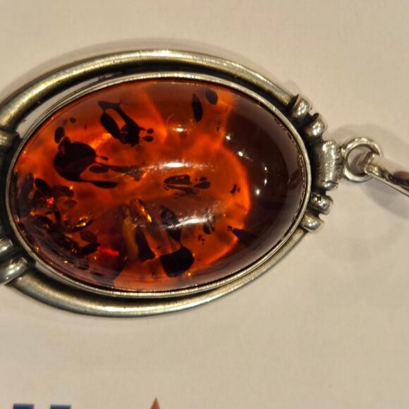 Large Sterling Silver Cognac/Honey Amber Pendant - Picture 1 of 12
